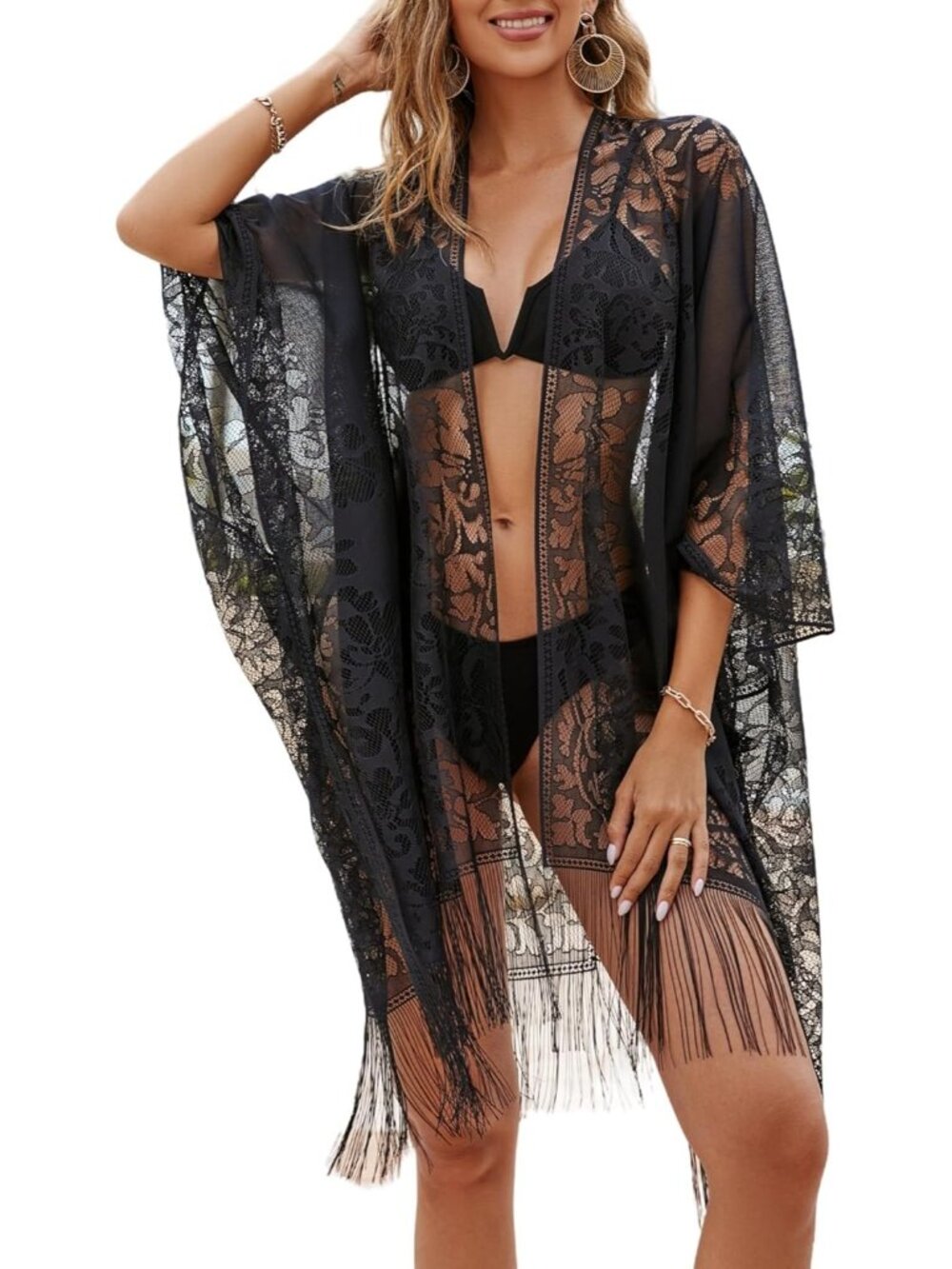 Women Black Polyester Open Front Lace Kimono Beach Cover Up for Swimwear
